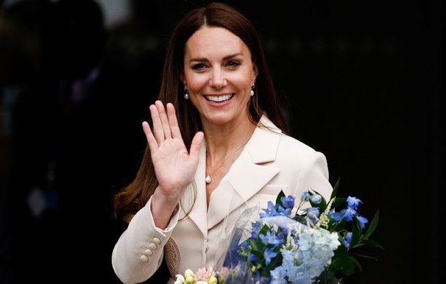 Kate Middleton wore a new lace detail crepe belted midi dress by Self Portrait. Annoushka drop earrings