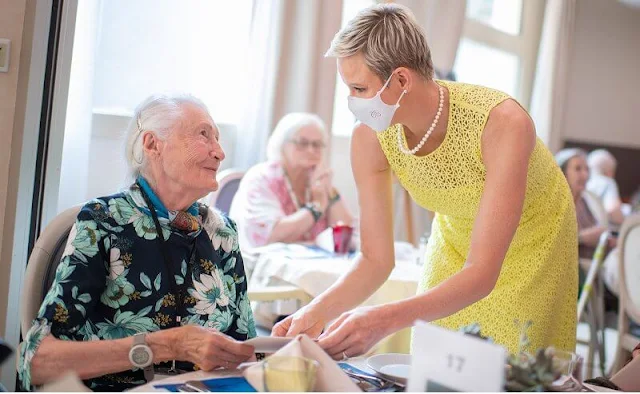 Princess Charlene wore a limoncello infinite embroidery long dress by Akris. Qietüdine is a retirement home located near Rock Harbour