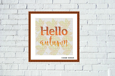 Hello autumn orange leaves typography cross stitch pattern, Tango Stitch