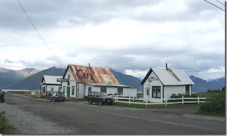 Hope Main Street, Sea View Bar, Cafe and a home.  Alaskan Range and Cook Inlet as backdrop. Hurley visit, June 2010