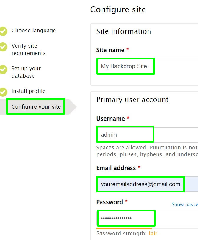 backdrop configure your site localhost