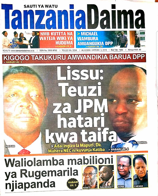 Magazeti ya  Tanzania ya leo 03 Ocktoba 2019