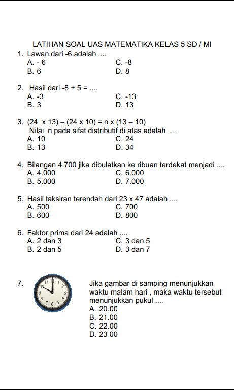 SOAL LATIHAN DAN KUNCI JAWABAN ULANGAN UAS MATEMATIKA KELAS 5 SD/MI SEMETER 1  GANJIL   SERBA 