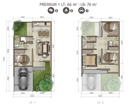 Denah rumah minimalis  ukuran  6x11 meter 4 kamar tidur 2 