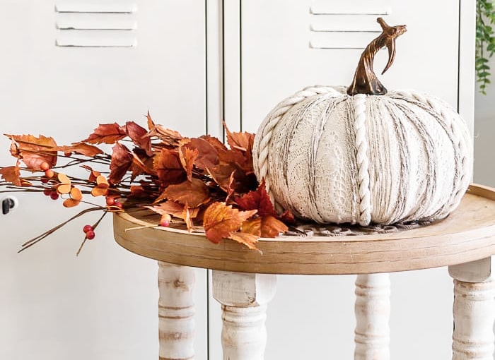 white textured pumpkin, fall stems and berries, vintage lockers