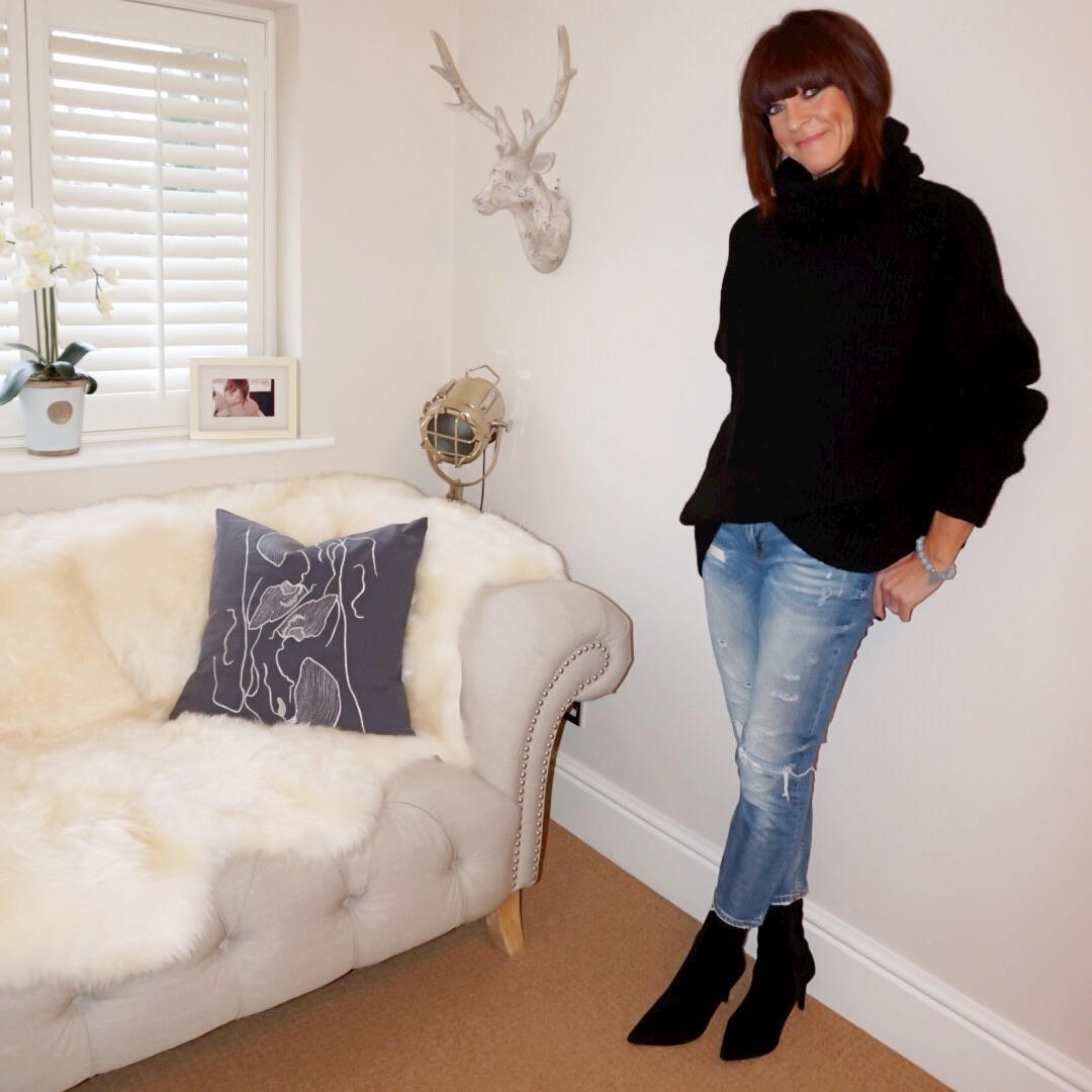 my midlife fashion, zara oversized roll neck sweater, zara distressed cropped straight leg jeans, marks and spencer stiletto heel ankle boots