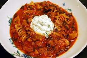 Lasagna Soup with Basil Ricotta Crème