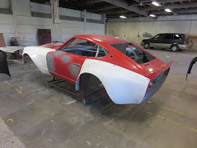 Larry Oka 1972 Datsun 240Z Race Car Shell undergoing body repairs.