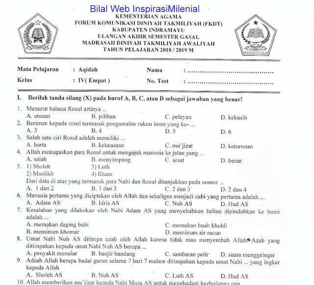 Download Soal UKK Madrasah Diniyah Takmiliyah Awaliyah (MDTA) Mapel Aqidah Kelas 4 Tahun 2018-2019 M