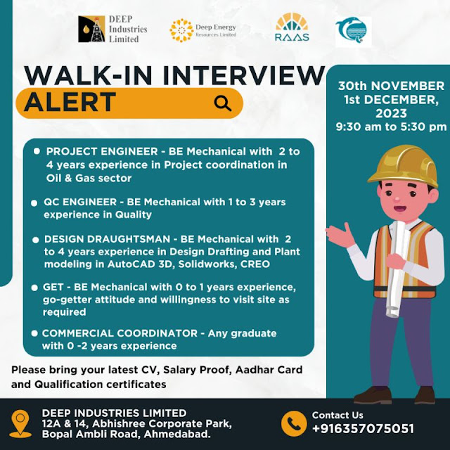 Deep Industries Walk In Interview For Project/ QC/ Design/ GET Mechanical