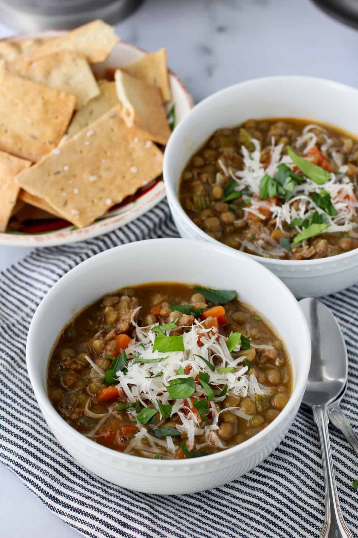 Spicy Turkey Sausage and Lentil Soup in bowls.