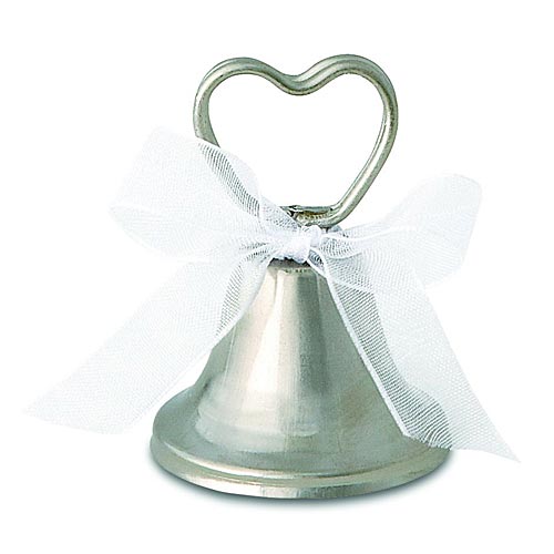 This Wedding Bell Place Card Holders feature silver metal bells with a heart