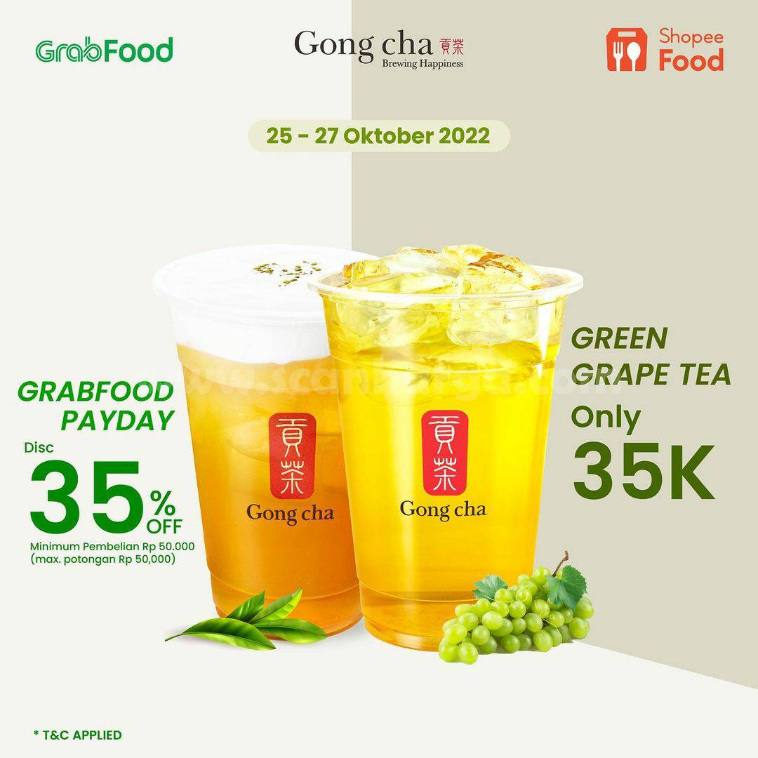 GONG CHA Promo PAYDAY Diskon 35% Via GrabFood & ShopeeFood