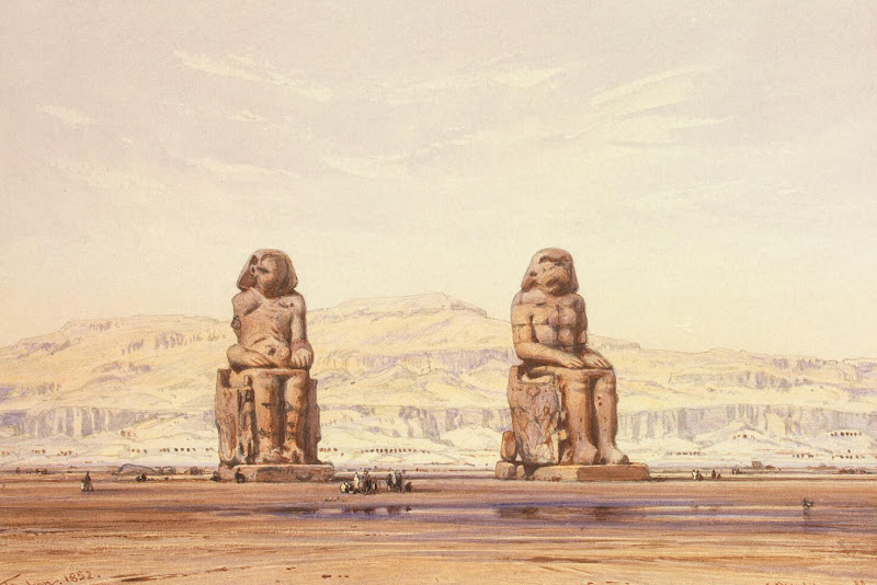 Colossi of Memnon in Thebes by Eduard Hildebrandt - Landscape Drawings from Hermitage Museum