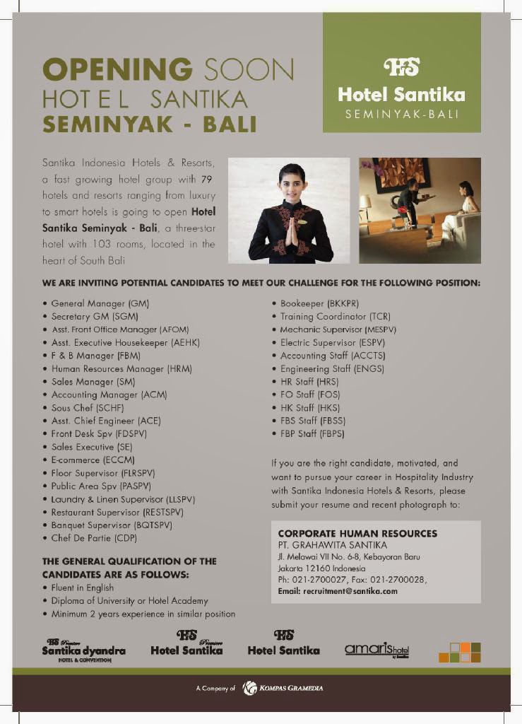 Lowongan Kerja di Hotel Santika Seminyak Bali (Opening Soon) All Positions - Lowongan Kerja ...