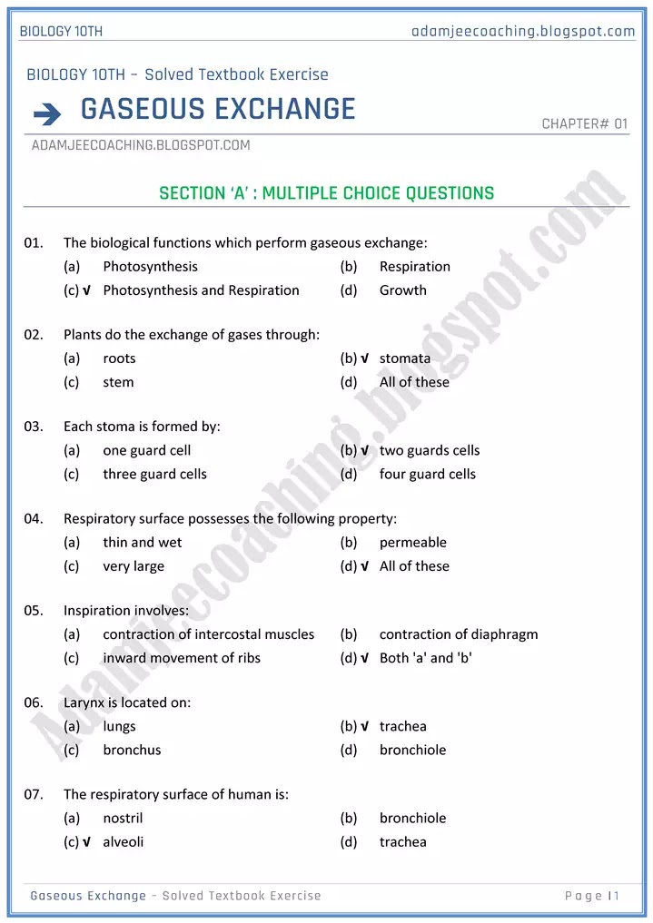 gaseous-exchange-solved-textbook-exercise-biology-10th