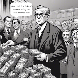 Editorial cartoon of a Federal Reserve official giving away free money to traders at the U.S. stock market. Image generated with Stable Diffusion DreamStudio Beta, modified with text.