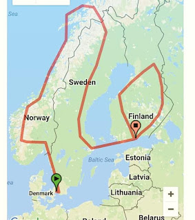 Our tentative hitchhiking route in Scandinavia and finland 