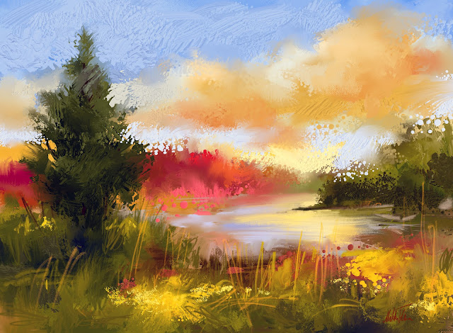 Autumn Morning digital painting by Mikko Tyllinen. Beautiful and colorful landscape