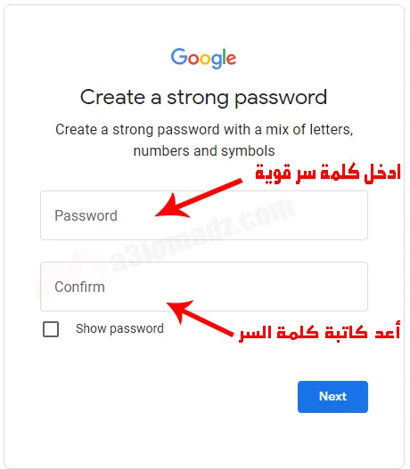 إخال كلمة سر قوية واعادة كتابتها لإنشاء حساب Gmail