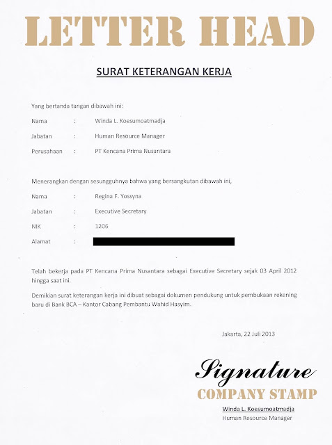 Contoh Surat Keterangan Kerja Untuk Pembuatan Rekening 