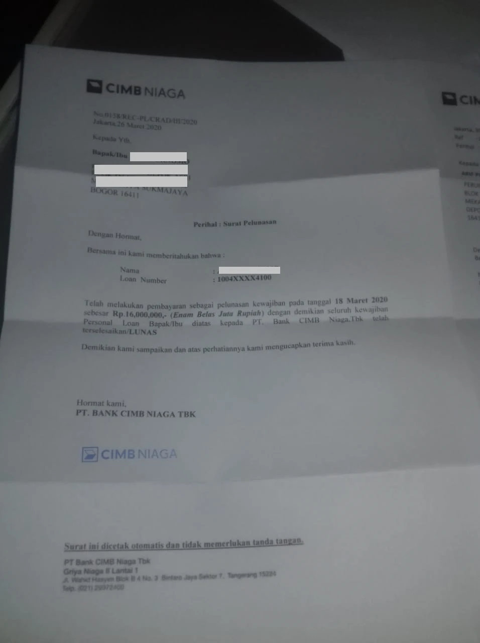 Surat Keterangan Lunas Bank CIMB Niaga - Mediasi 1152