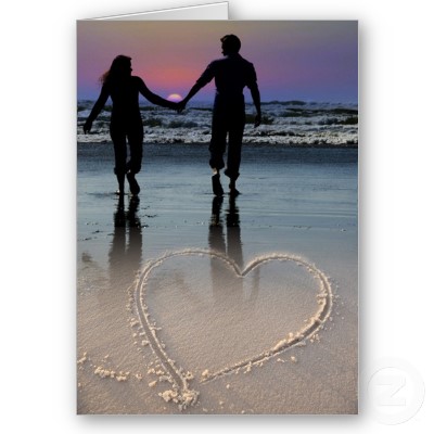 cartoon sunset on beach. Cartoon Lovers Holding Hands.