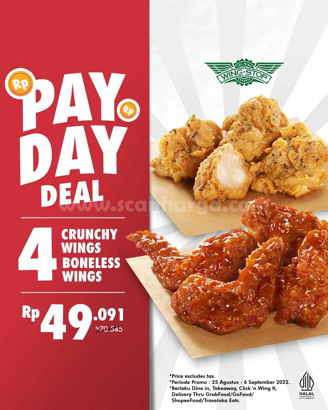 Promo WINGSTOP PAYDAY DEAL – 4 Crunchy + 4 Boneless Wings only Rp 49.091