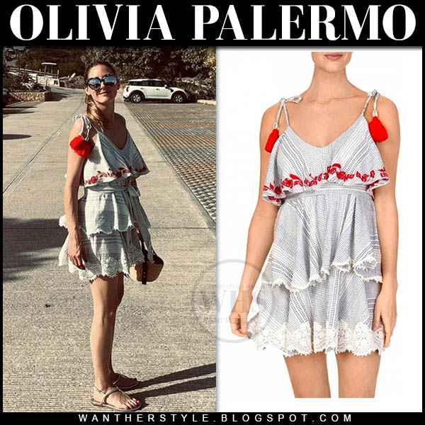 Olivia Palermo in tiered lace trim red tassel mini dress