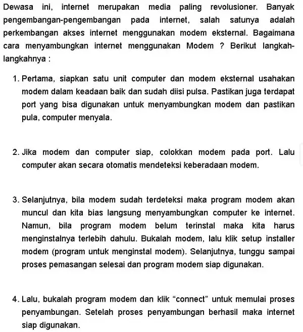 prosedur lengkap komputer internet modem