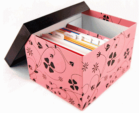 greeting card organizer box in pink and brown with flowers