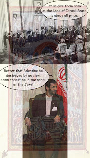 Picture: top: Zionist leaders convening in 1948 to announce the State of Israel, saying, "Let us give them some of the Land of Israel. Peace is above all price."; bottom: Mahmoud Ahmadinejad sitting next to the flag of Iran, saying, "Better that Palestine be destroyed by an atom bomb than it be in the hands of the Jews!"; composed on the background of the 9th-century artwork depicting Solomon's sentence