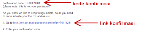 Email kode konfirmasi dan link konfirmasi