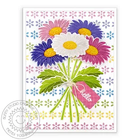 Sunny Studio Blog: Gerber Daisy Bouquet Hello Card with Flower Background (using Cheerful Daisies Stamps, Eyelet Lace Border Dies & Spring Fling 6x6 Paper)
