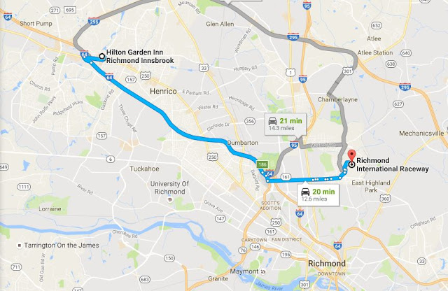 map showing Richmond International Raceway is 12.6 mi/20 min from Hilton Garden Inn Richmond Innsbrook in Glen Allen, VA