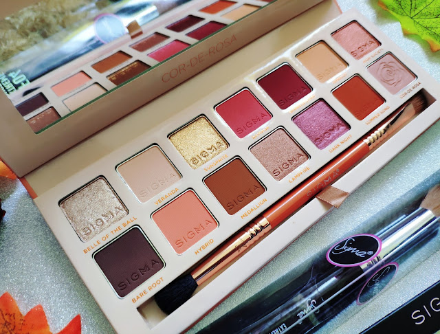 Paleta cieni do powiek Sigma Beauty Cor-De-Rosa oraz pędzel do konturowania i kredka do makijażu brwi