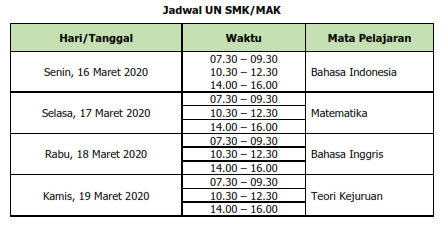 jadwal UN SMK/MAK Tahun Pelajaran 2019/2020