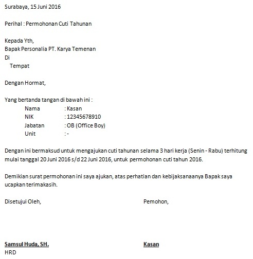 Contoh Surat Cuti Tahunan Perkerja  Cara Buat Surat