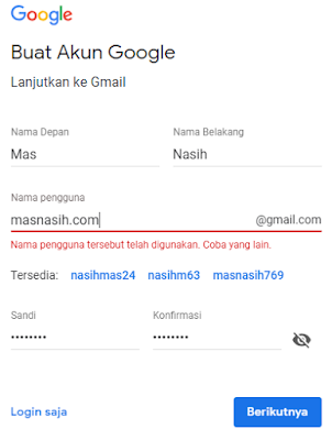 Laman pengisian data saat daftar akun gmail