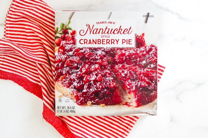 trader joes cranberry pie in box on dish towel