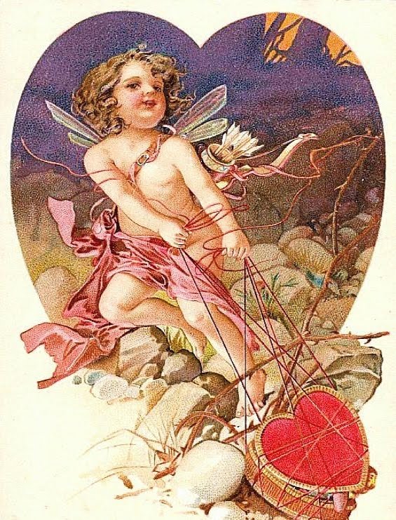 Vintage cupid Heart Bound Cupid Pulling  vintage Valentine on