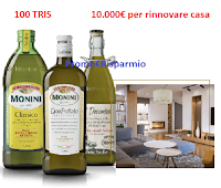 Logo Concorso '' 100 anni con Monini'' : vinci 100 tris di bottiglie e 10.000 euro per rinnovare casa