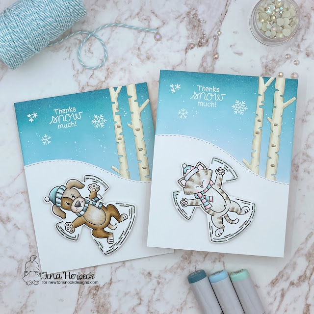 Snow Angel Dog & Cat Cards by Tina Herbeck | Snow Angel Puppy Stamp Set, Snow Angel Newton Stamp Set, Forest Scene Builder Die Set and Land Borders Die Set by Newton's Nook Designs #newtonsnook