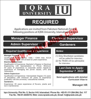 Jobs in Iqra University Jobs September 2020