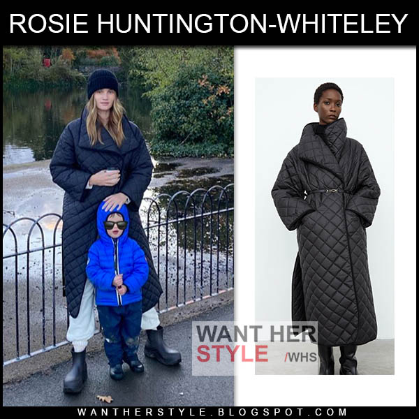 Rosie Huntington-Whiteley in black quilted coat and rubber ankle boots