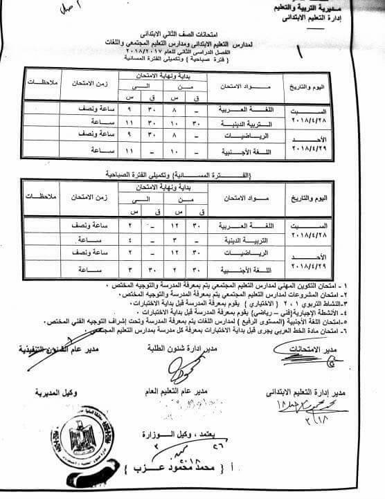 جدول امتحانات الصف الثاني الأبتدائي محافظة المنيا الترم الثاني 2018 "آخر العام"