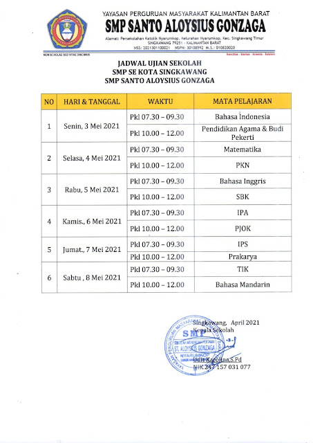 JADWAL UJIAN SEKOLAH SMP SE KOTA SINGKAWANG