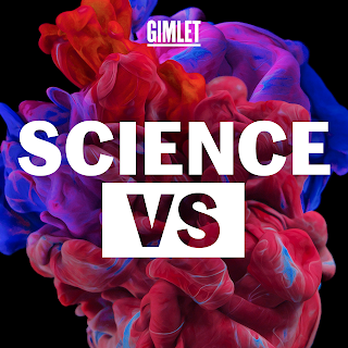 Graphic with Science Vs in white letters with multi-colored smoke behind .