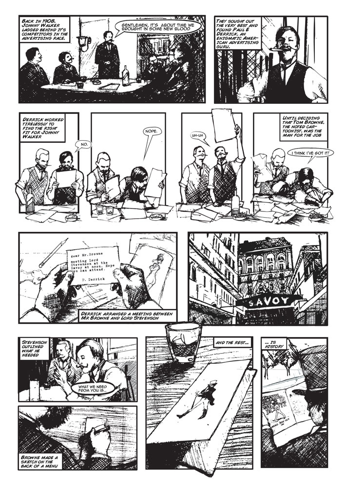 A one page graphic novel about the origins of the Johnny Walker'striding