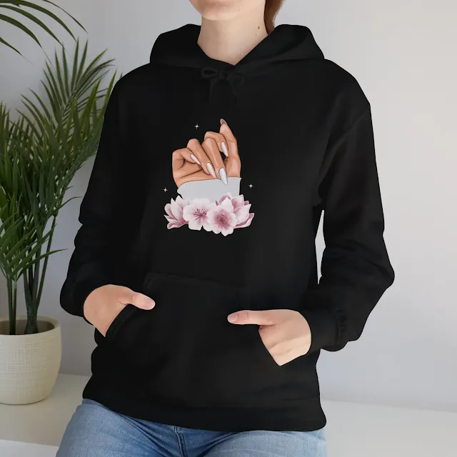 A Women Hoodie With Blush Pink and White Feminine Nail Art Illustration Poster Without Rings on Fingers